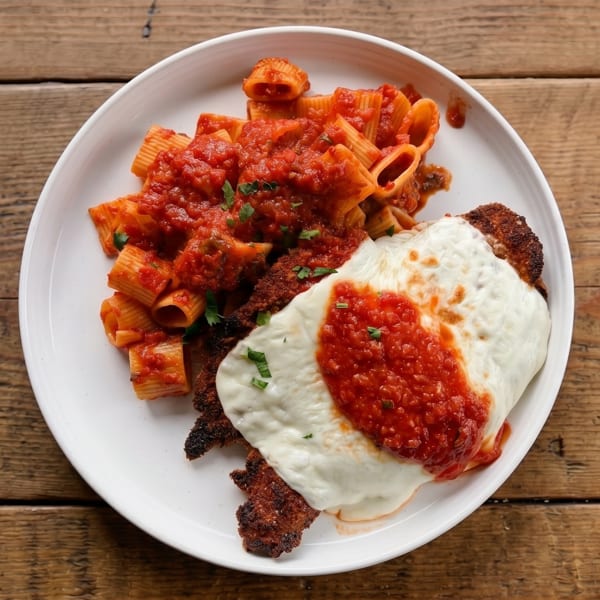 Chicken parmesan with melted mozzarella and marinara sauce, served with rigatoni pasta on a white plate.