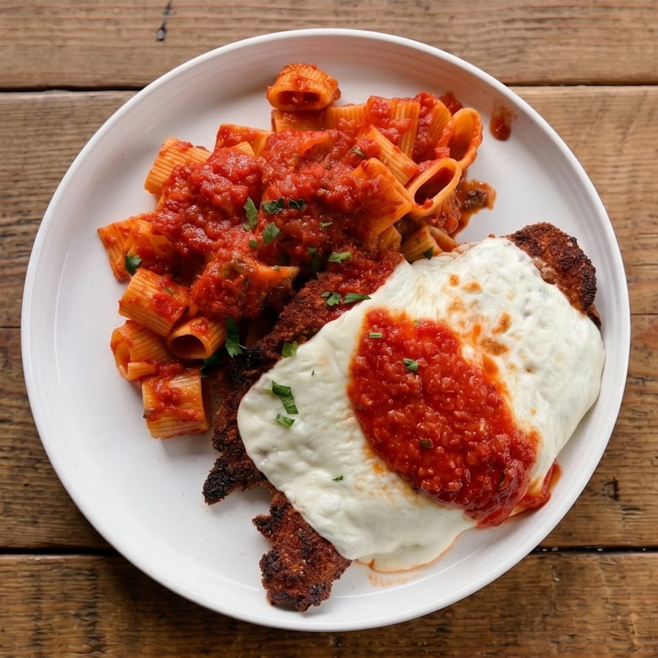 Chicken parmesan with melted mozzarella and marinara sauce, served with rigatoni pasta on a white plate.