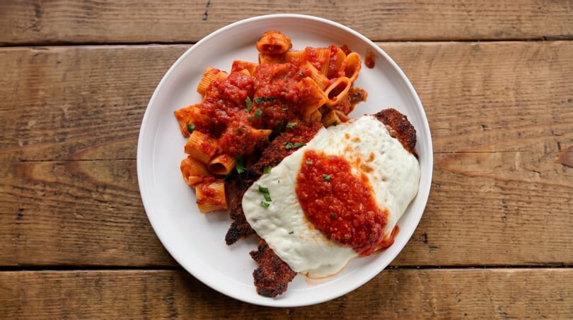 Chicken parmesan with melted mozzarella and marinara sauce, served with rigatoni pasta on a white plate.