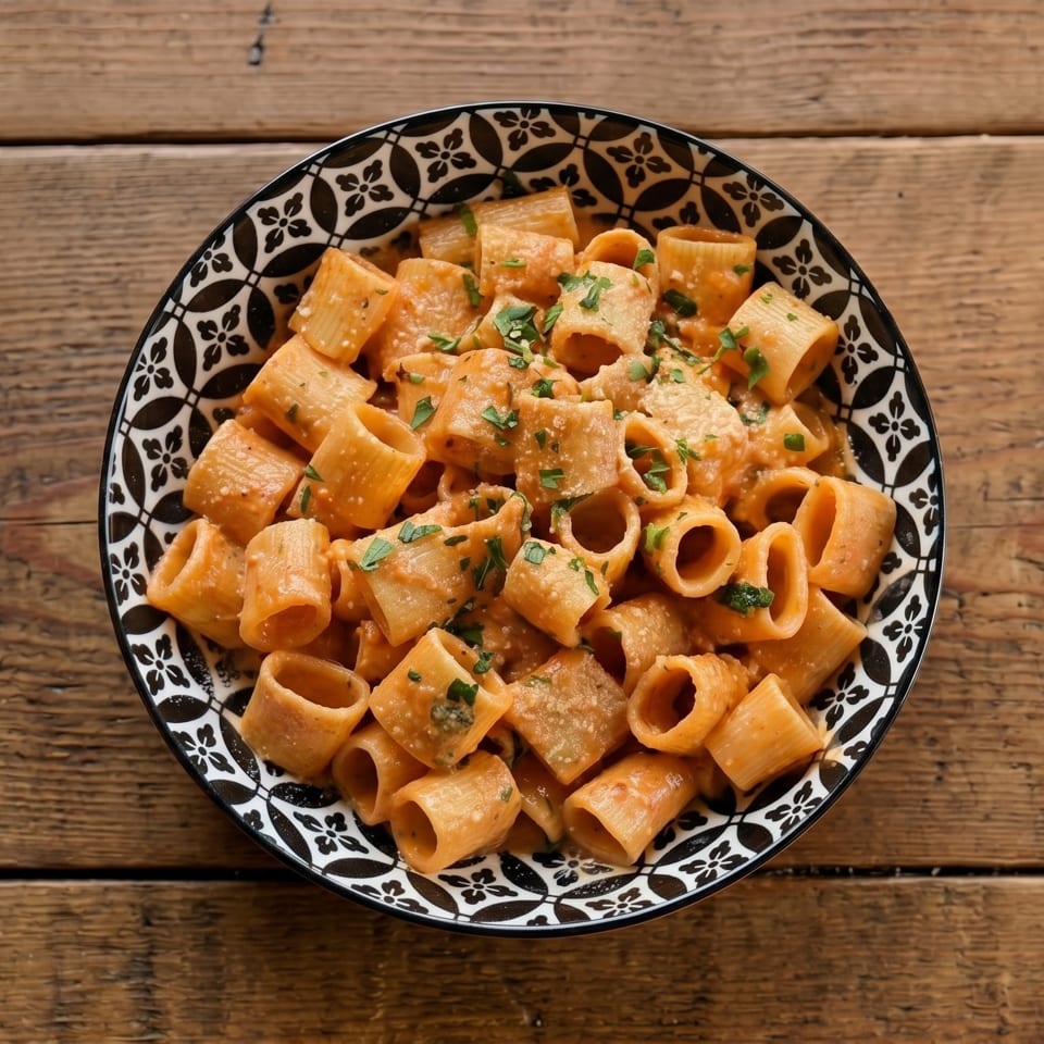 A black and white patterned bowl of rigatoni pasta with red sauce and parsley on a wooden table.